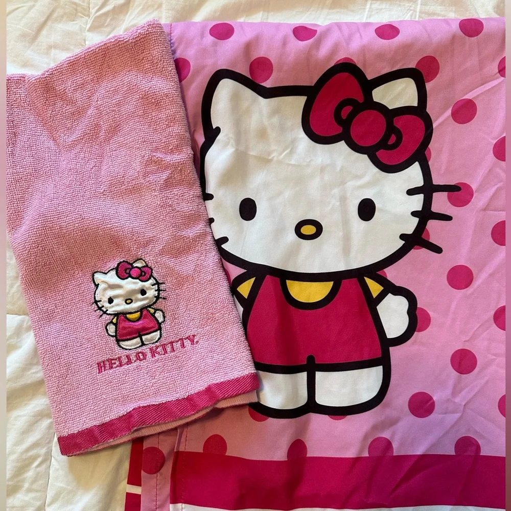 Hello Kitty pink polka dot butterflies shower curtain and hand towel set